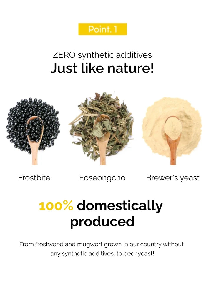Three wooden spoons with natural ingredients labeled 'Frostbite', 'Eoseongcho', and 'Brewer's yeast' on a white background.