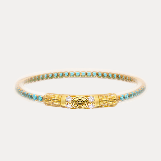 a gold and blue bracelet