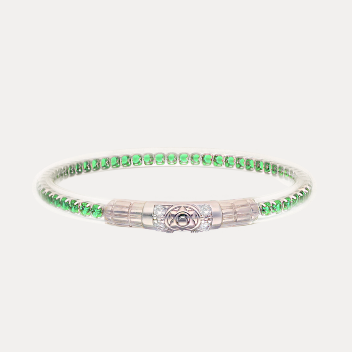 a silver and green bracelet