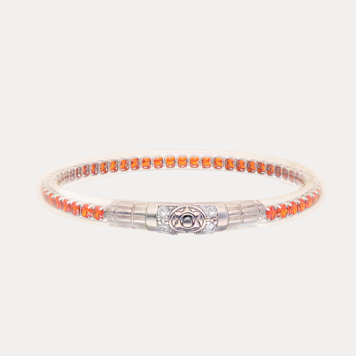 a silver and orange bracelet