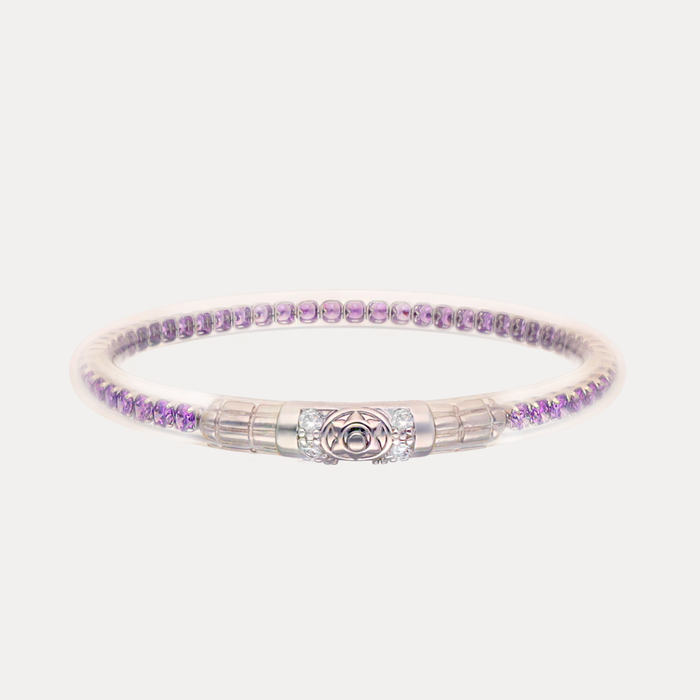 a silver and purple bracelet