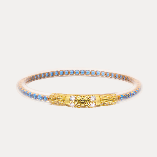 a gold and blue bracelet