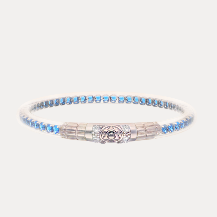 a silver and blue bracelet