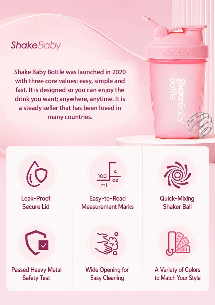 Pink ShakeBaby shaker bottle with lid and straw on a light pink background, alongside product feature icons and descriptive text. The bottle has 'shakebaby' printed vertically on the side.