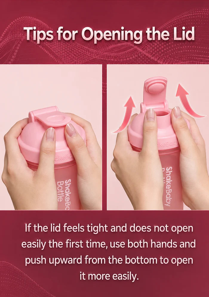 Instruction graphic titled 'Tips for Opening the Lid' showing two close-up views of hands opening a pink shaker bottle. The left panel shows the lid being pressed, and the right panel shows the lid popping open with arrows indicating upward pressure.