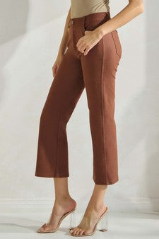 Solid Cropped Work Pants - Coffee