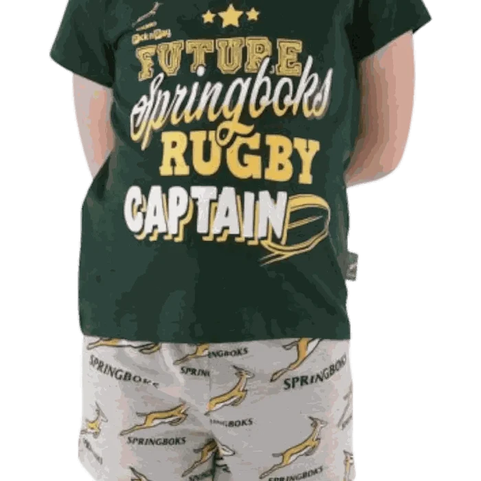Springbok pajamas kids set with green rugby captain top and white shorts with Springbok logos