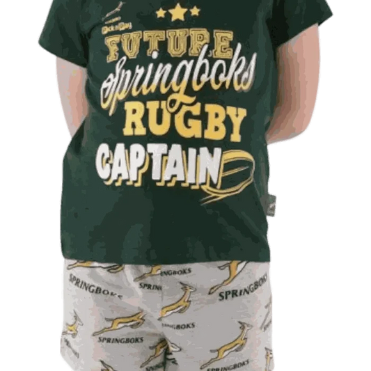 Springbok pajamas kids set with green rugby captain top and white shorts with Springbok logos