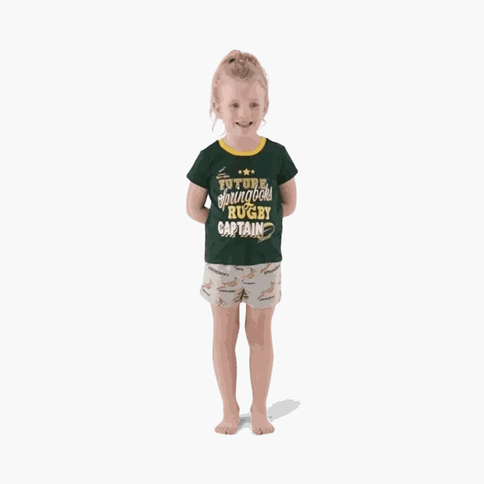 Child wearing Springbok Pajamas kids set with "Future Springbok Rugby Captain" green top and logo shorts