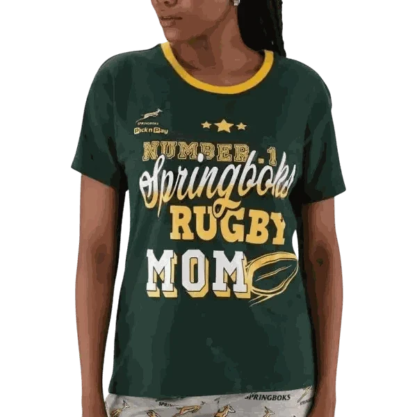 Springbok Pajamas women's set with green short sleeve top and grey shorts featuring rugby mom print and Springbok logos