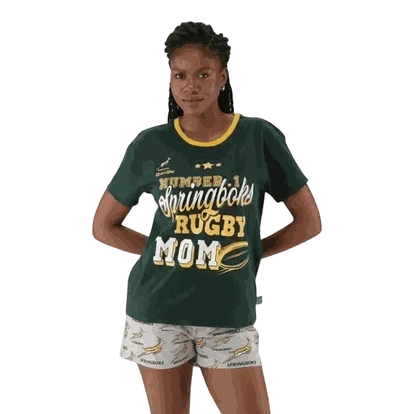 Springbok Rugby Mom women's pajama set with green short-sleeve top and grey shorts, 100% cotton, X-Large