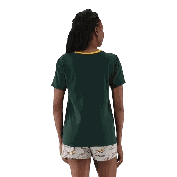 Woman wearing Springbok green short-sleeve top and light grey shorts with Springbok logo, Springbok Pajamas set X-Large
