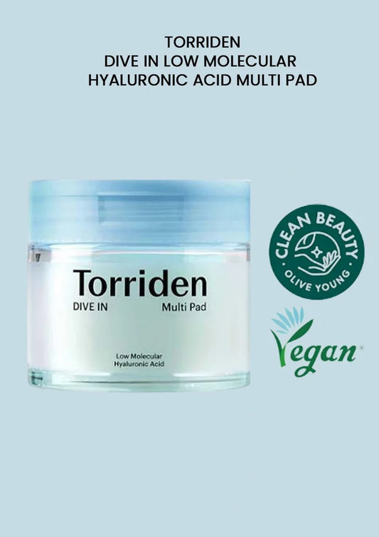 Torriden skincare product jar with 'Clean Beauty' and 'Vegan' labels on a light blue background