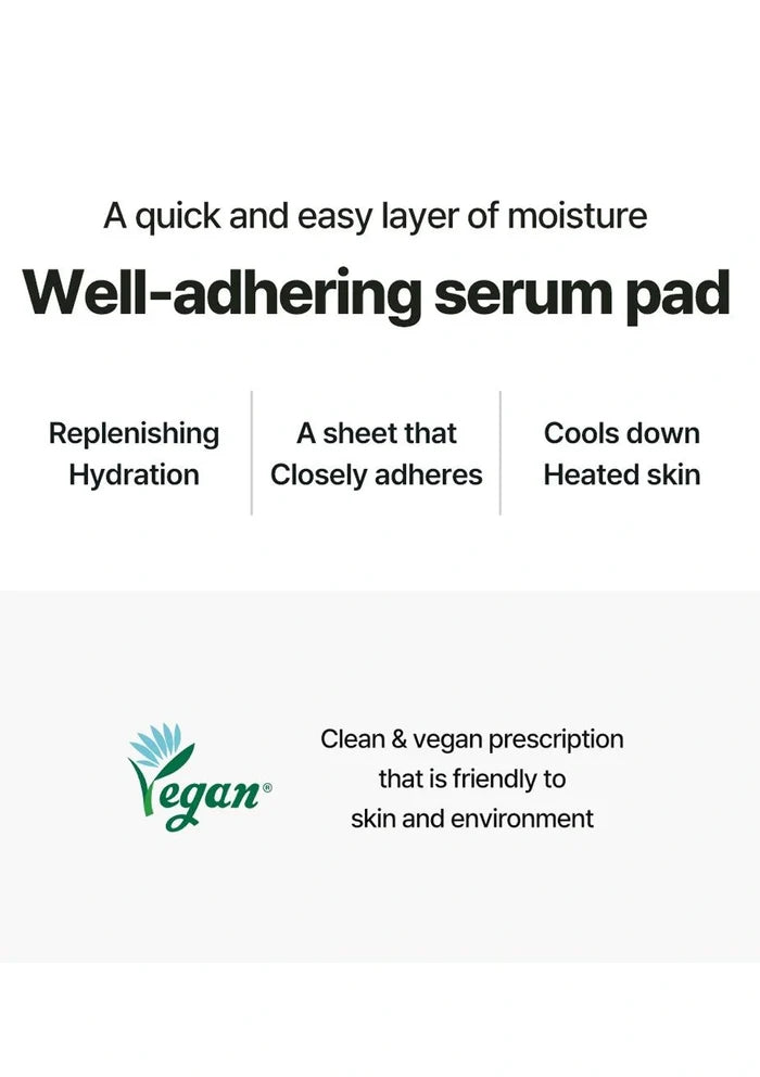 Advertisement for a well-adhering serum pad with text and a Vegan logo on a white background.