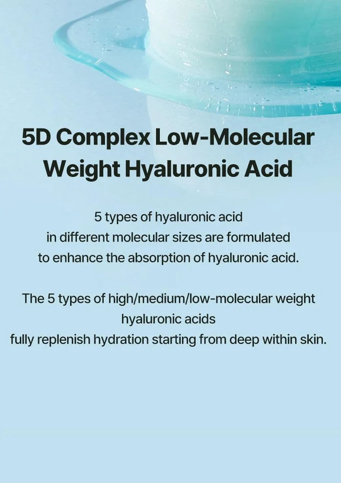 Product packaging with text about 5D Complex Low-Molecular Weight Hyaluronic Acid on a light blue background.
