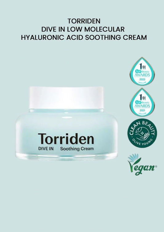 Torriden Dive In Soothing Cream jar with awards and vegan certification logos on a light blue background