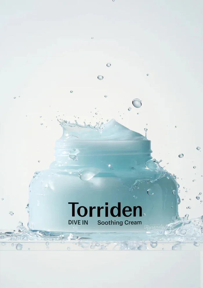Torriden DIVE IN Soothing Cream jar with water droplets on a light blue background