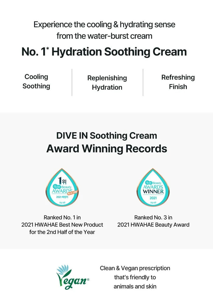 Advertisement for No. 1' Hydration Soothing Cream with awards and product features on a white background.