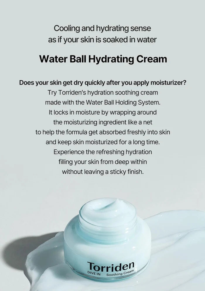 Torriden Water Ball Hydrating Cream with text on a light gray background