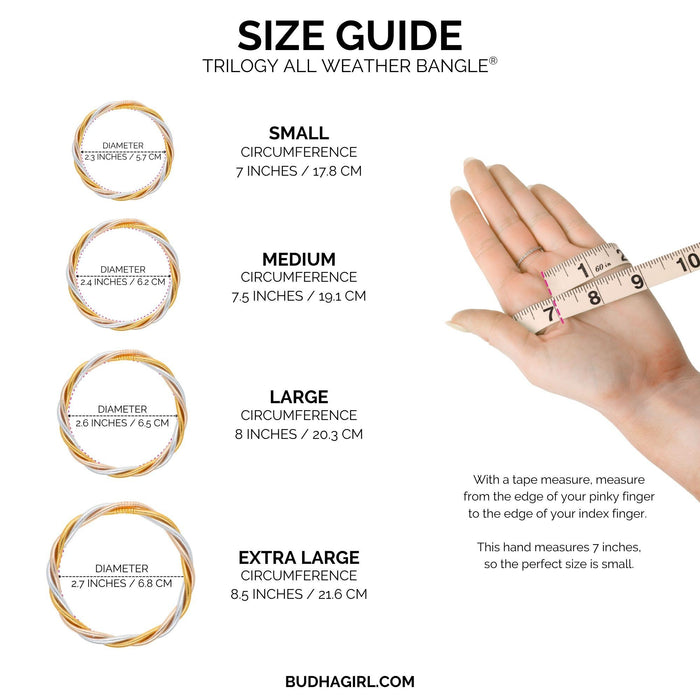 Size guide for the Trilogy All Weather Bangle® showing dimensions and sizes: Small, Medium, Large, Extra Large.