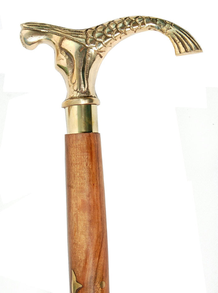 White Whale Jal Pari Walking Stick - Men Derby Canes and Wooden Walking Stick for Men and Women - 37" Brown Ebony Brass Handle in Golden Tone Natural Wood Unisex Cane