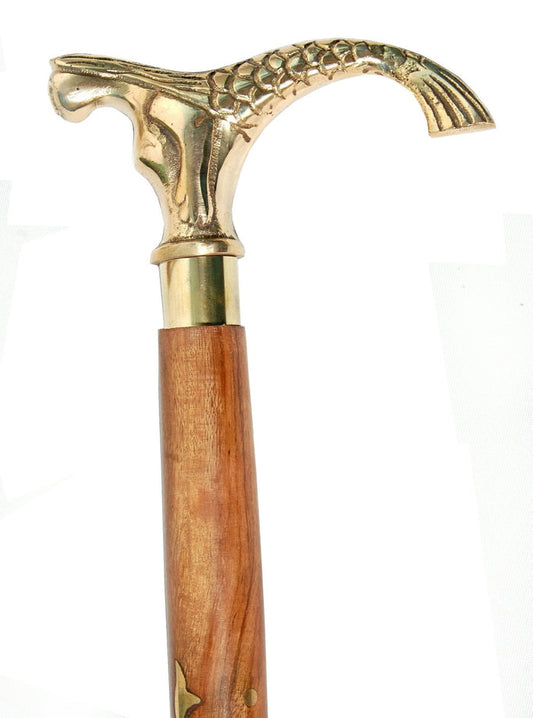 White Whale Jal Pari Walking Stick - Men Derby Canes and Wooden Walking Stick for Men and Women - 37" Brown Ebony Brass Handle in Golden Tone Natural Wood Unisex Cane