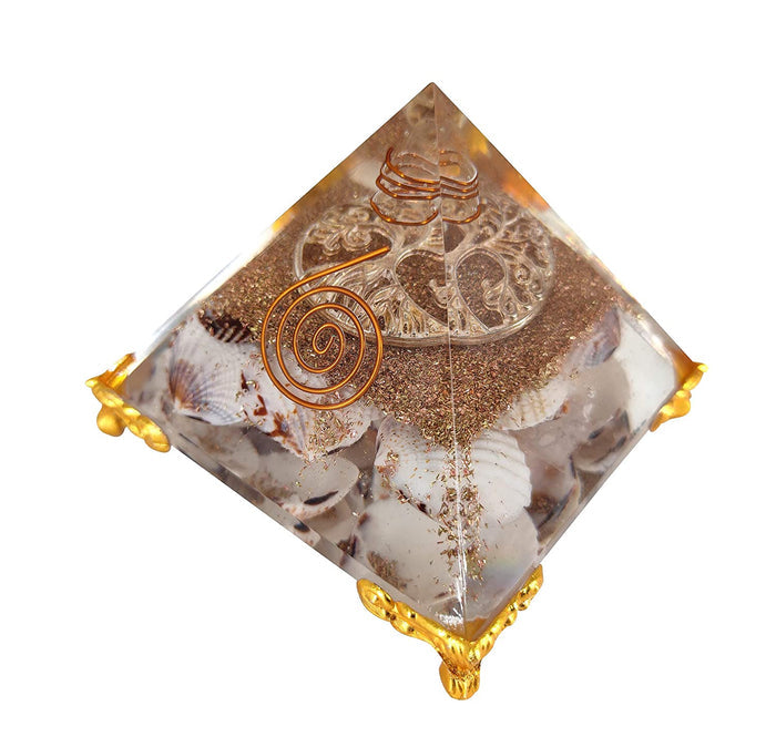 White Whale Shankh Orgone Pyramid Energy Generator Reiki Healing Crystal Chakra With Gold Stand Feng Shui Pyramid