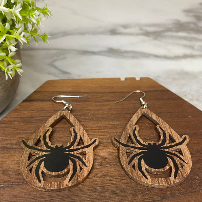 Wooden Dangle Earrings - Halloween - Cutout Spiders