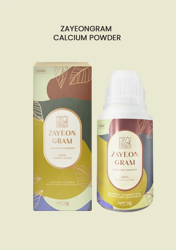 Zayeongram Calcium Powder packaging and bottle on a beige background